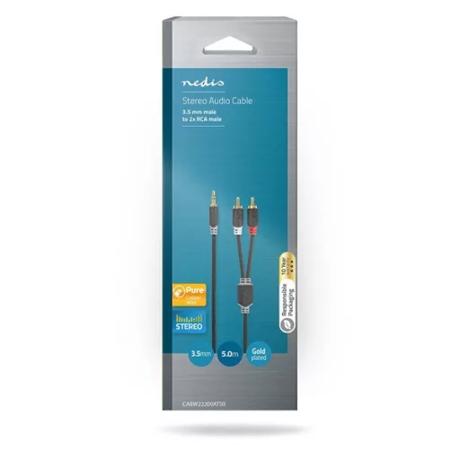 Nedis CABW22200AT50 sztereo audió kábel 3,5mm sztereo jack - 2x RCA,  Aranyozott,  5 m