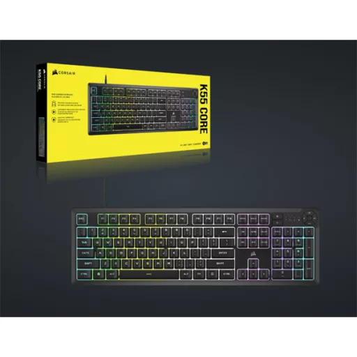 CORSAIR Vezetékes Billentyűzet Gaming, K55 CORE RGB, Médiavezérlő gombok, Cseppálló, US, fekete