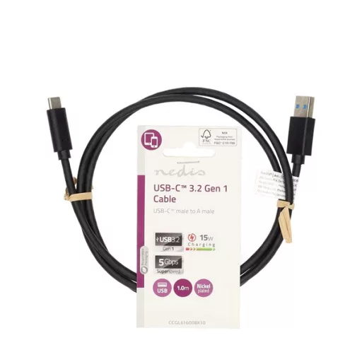 Nedis CCGL61600BK10 USB kábel, USB 3.2 Gen 1, USB-A dugó - USB-C dugó, 15 W | 5 Gbps, 1 m