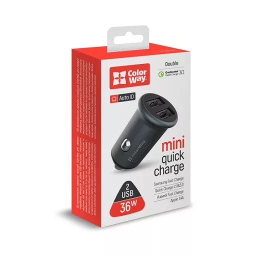 COLORWAY Autós töltő, CW-CHA036Q-GR 2USB Quick Charge 3.0 (36W) szürke