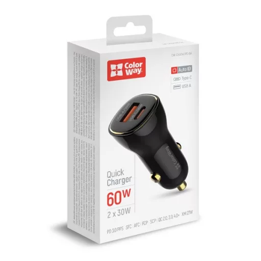 COLORWAY Autós töltő, CW-CHA046PD-BK Power Delivery Port PPS USB (USB-A + USB-C) (60 W) Fekete