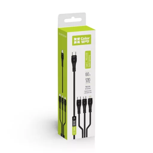 COLORWAY Kábel Type-C CW-CBPDU3060-BK, 3B1 (Lightning+MicroUSB+Type-C) 3.0A (PD60W adatok) 1.2 fekete
