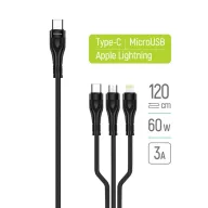   COLORWAY Kábel Type-C CW-CBPDU3060-BK, 3B1 (Lightning+MicroUSB+Type-C) 3.0A (PD60W adatok) 1.2 fekete