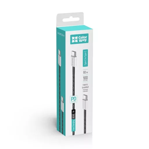 COLORWAY Kábel Type-C CW-CBPDCC061-BK, fonott pamut, PD Fast Charging 60W, 3,0A 1M fekete