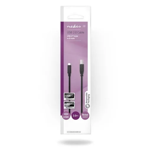 Nedis CCGB60650BK20 USB-C dugó - USB- B dugó (USB C - USB B) kábel, 480 Mbps, 2m