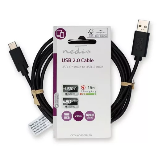 Nedis CCGL60600BK20 USB A - USB C (USB-C) kábel, USB2.0, 15W, hossz 2m