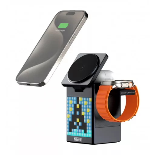 NEWELL induOne MagPlay 3 in 1 töltőállomás + hangszóró + óra, 3 eszköz töltés, LED kijelző, RGB, animációs lehetőségek