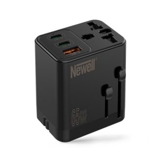   NEWELL GAN gyorstöltő adapter utazáshoz, 65W, AC aljzat, 1 db USB-A port 2 db USB-C port, kivehető dugók