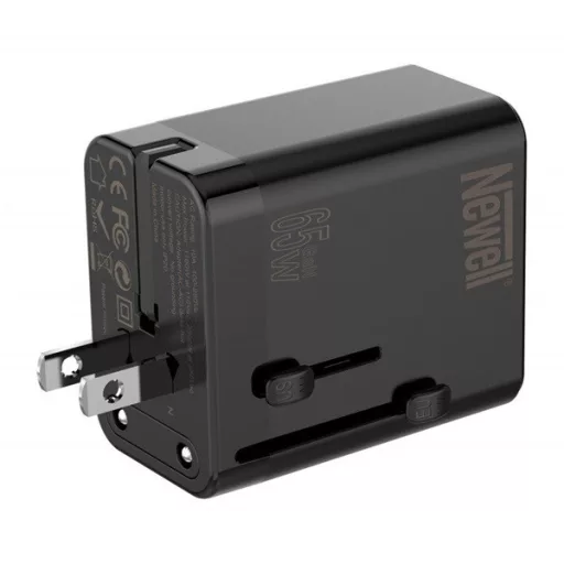 NEWELL GAN gyorstöltő adapter utazáshoz, 65W, AC aljzat, 1 db USB-A port 2 db USB-C port, kivehető dugók