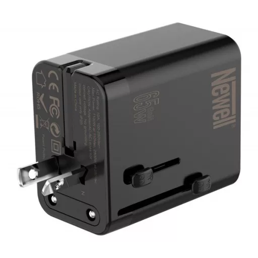 NEWELL GAN gyorstöltő adapter utazáshoz, 65W, AC aljzat, 1 db USB-A port 2 db USB-C port, kivehető dugók