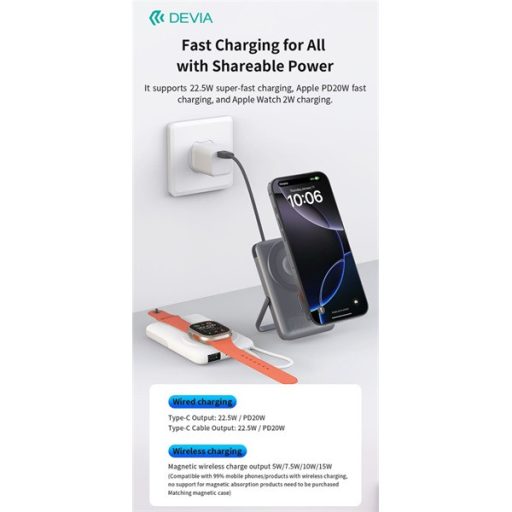Devia Extreme Speed Series Magnetic 4in1 22.5W powerbank/állvány - Type-C - 10.000 mAh - ezüst