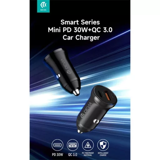 Devia Smart Series Mini 30W PD+QC USB+Type-C autós töltő adapter - fehér