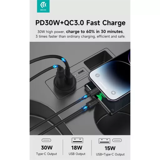 Devia Smart Series Mini 30W PD+QC USB+Type-C autós töltő adapter - fehér