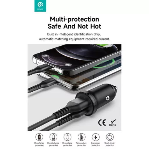 Devia Smart Series Mini 30W PD+QC USB+Type-C autós töltő adapter - fehér