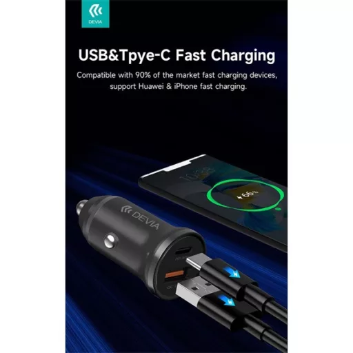 Devia Smart Series Mini 30W PD+QC USB+Type-C autós töltő adapter - fehér