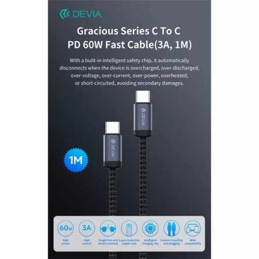 Devia Gracious Series 60W PD USB-C - USB C (Type-C) adat- és töltőkábel, fekete, 1m