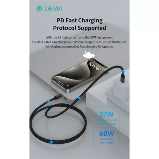 Devia Gracious Series 60W PD USB-C - USB C (Type-C) adat- és töltőkábel, fekete, 1m