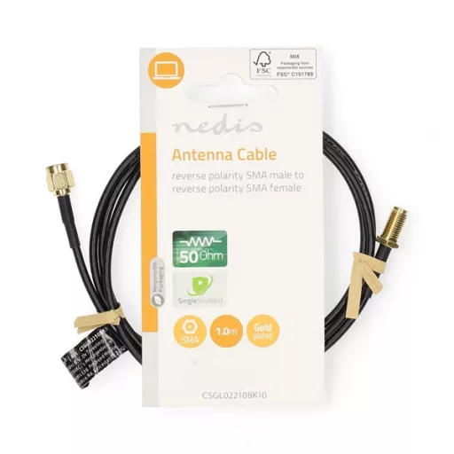 Nedis CSGL02210BK10 SMA kábel, RP SMA férfi, RP SMA női, Aranyozott, 50 Ohm, Egyetlen árnyékolt, 1 m