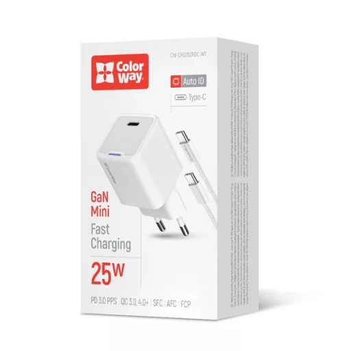 COLORWAY AC töltő GaN Mini CW-CHS052PDC-WT 25W PD port PPS USB-C fehér kábel Type-C