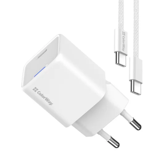 COLORWAY AC töltő GaN Mini CW-CHS052PDC-WT 25W PD port PPS USB-C fehér kábel Type-C