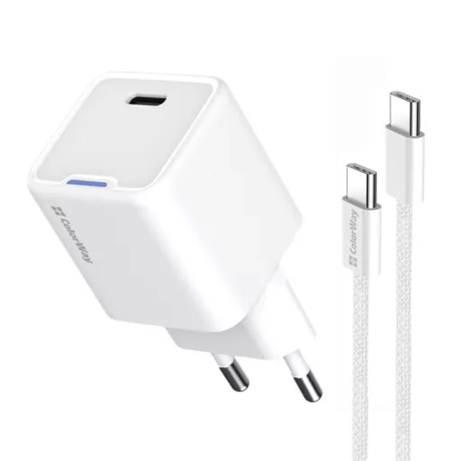 COLORWAY AC töltő GaN Mini CW-CHS052PDC-WT 25W PD port PPS USB-C fehér kábel Type-C