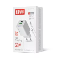   COLORWAY AC töltő GaN Mini CW-CHS053PDC-WT 30W PD port PPS USB (Type-C PD + USB QC4.0) kábel Type-C