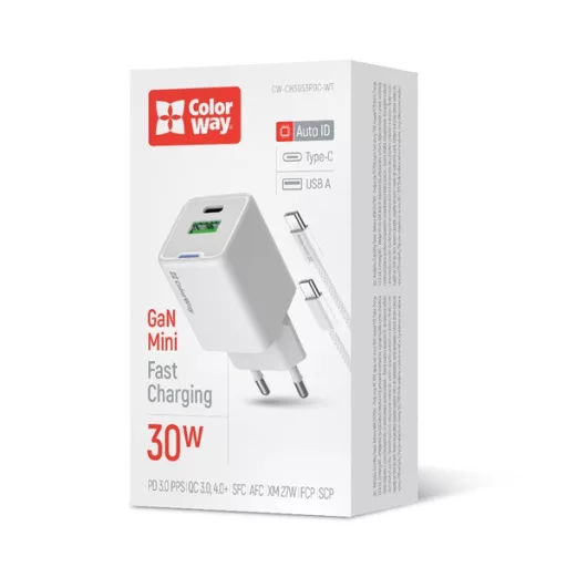 COLORWAY AC töltő GaN Mini CW-CHS053PDC-WT 30W PD port PPS USB (Type-C PD + USB QC4.0) kábel Type-C
