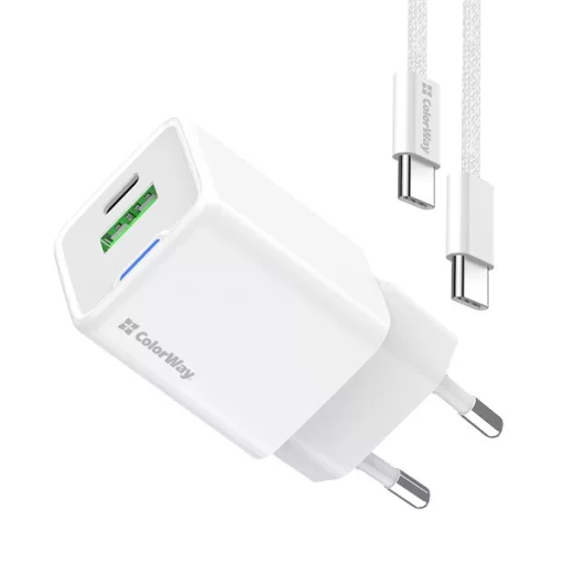 COLORWAY AC töltő GaN Mini CW-CHS053PDC-WT 30W PD port PPS USB (Type-C PD + USB QC4.0) kábel Type-C
