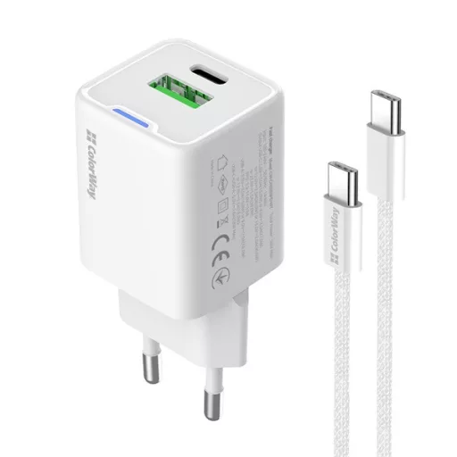 COLORWAY AC töltő GaN Mini CW-CHS053PDC-WT 30W PD port PPS USB (Type-C PD + USB QC4.0) kábel Type-C