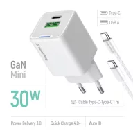   COLORWAY AC töltő GaN Mini CW-CHS053PDC-WT 30W PD port PPS USB (Type-C PD + USB QC4.0) kábel Type-C