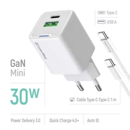 COLORWAY AC töltő GaN Mini CW-CHS053PDC-WT 30W PD port PPS USB (Type-C PD + USB QC4.0) kábel Type-C