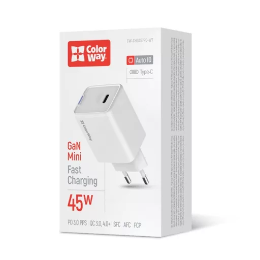 COLORWAY AC töltő GaN Mini CW-CHS057PD-WT 45W PD port PPS USB-C fehér