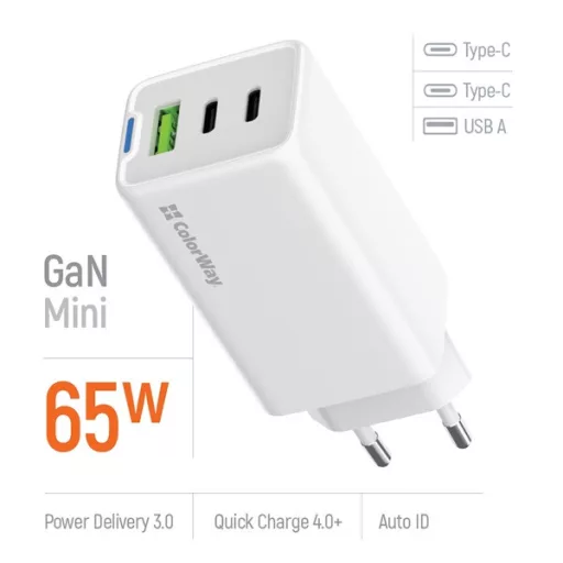 COLORWAY AC töltő GaN Mini CW-CHS058PD-WT 65W PD port PPS USB (USB-2C1A) fehér
