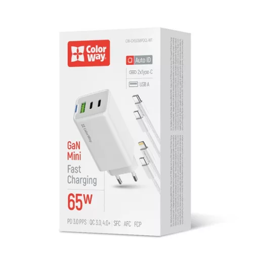 COLORWAY AC töltő GaN Mini CW-CHS058PDCL-WT 65W PD port PPS USB (USB-2C1A) kábel Type-C és Lightning