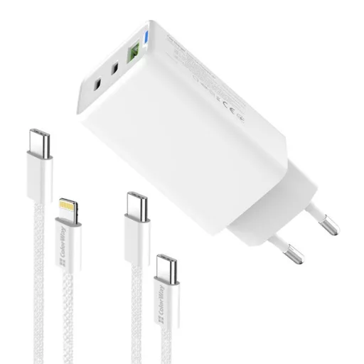 COLORWAY AC töltő GaN Mini CW-CHS058PDCL-WT 65W PD port PPS USB (USB-2C1A) kábel Type-C és Lightning