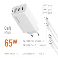   COLORWAY AC töltő GaN Mini CW-CHS058PDCL-WT 65W PD port PPS USB (USB-2C1A) kábel Type-C és Lightning