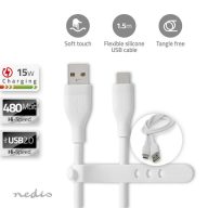   Nedis CCGB60800WT15 flexibilis USB A - USB C (USB-C) kábel, USB2.0, 15W, hossz 1,5m, fehér rugalmas szilikon