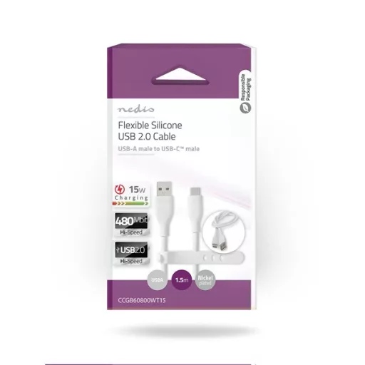 Nedis CCGB60800WT15 flexibilis USB A - USB C (USB-C) kábel, USB2.0, 15W, hossz 1,5m, fehér rugalmas szilikon