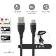   Nedis CCGB60800BK15 flexibilis USB A - USB C (USB-C) kábel, USB2.0, 15W, hossz 1,5m, fekete rugalmas szilikon