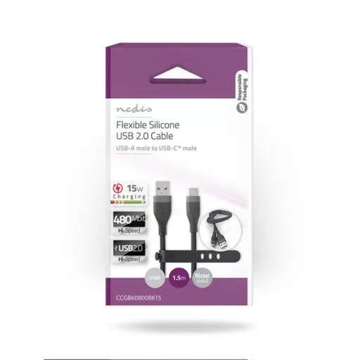 Nedis CCGB60800BK15 flexibilis USB A - USB C (USB-C) kábel, USB2.0, 15W, hossz 1,5m, fekete rugalmas szilikon