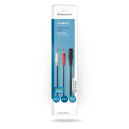 Nedis CAGB22160BK02 sztereo audio kábel, 2x 3,5 mm jack dugó - 3,5 mm sztereo jack aljzat, 0,20m