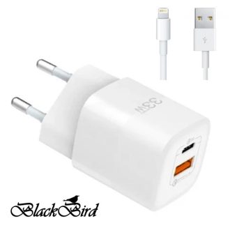   BLACKBIRD Hálózati Adapter ZCD-015B-AC GAN 33W + USB/Lightning kábel 1m, Fehér