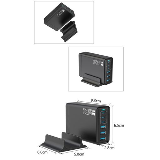 BLACKBIRD Hálózati Töltő GAN 135W 3xUSB-C 20W + 3xUSB 5V, Fekete