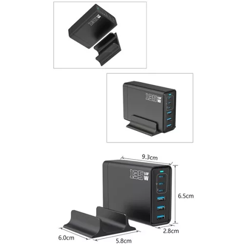BLACKBIRD Hálózati Töltő GAN 135W 3xUSB-C 20W + 3xUSB 5V, Fekete