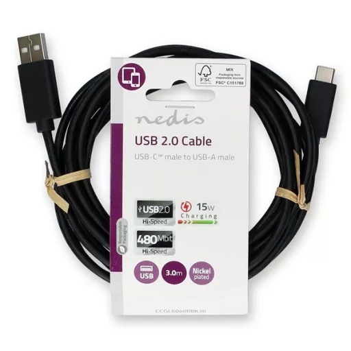 Nedis CCGL60600BK30 USB A - USB C (USB-C) kábel, USB2.0, 15W, hossz 3m