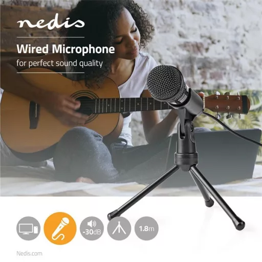 Nedis MICTJ100BK asztali számítógép mikrofon, használható notebook, okostelefon, tablet, csatlakozás 3,5 mm jack