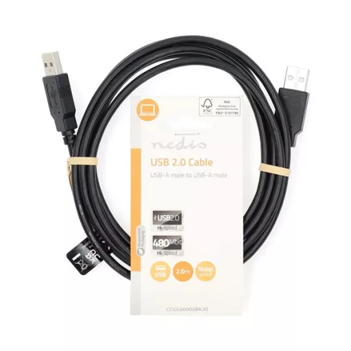 Nedis CCGL60000BK20 USB A apa - USB-A apa kábel, USB2.0, hossz: 2m