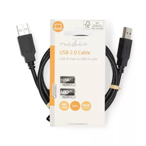 Nedis CCGL60000BK10 USB A apa - USB-A apa kábel, USB2.0, hossz: 1m