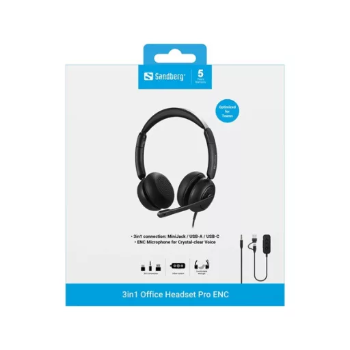 SANDBERG 3 in 1 Headset mikrofonnal, 3,5 mm minijack, USB-A és USB-C csatlakozó, hang szabályozás némítás, 5 év garancia