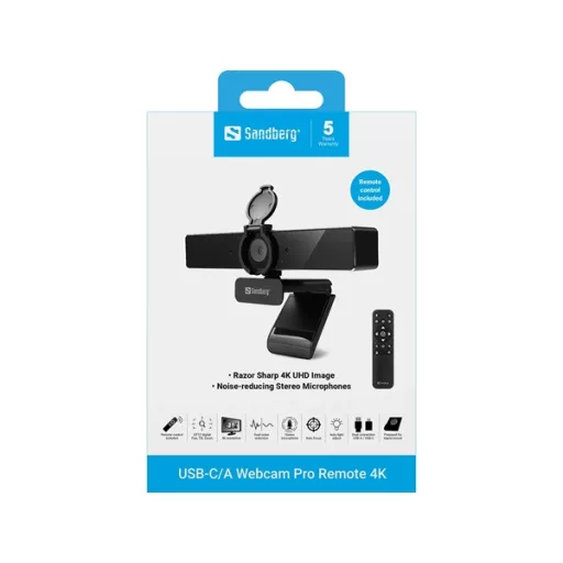 SANDBERG Webcam Pro Remote 4K, dual noise reduction, USB-A / USB-C, auto focus, auto light adjust, 5 év garancia